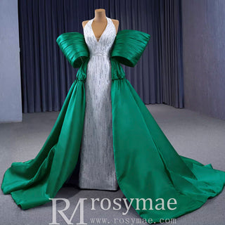 V-neck Halter Green Satin Mermaid Wedding Dress Formal Gown