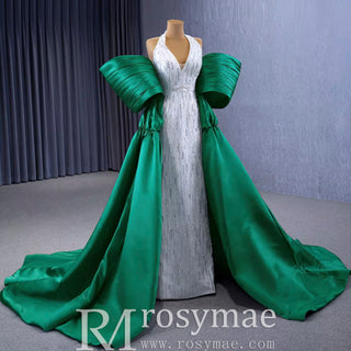 V-neck Halter Green Satin Mermaid Wedding Dress Formal Gown