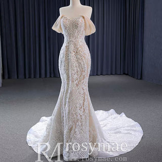 Gorgeous Handmade Beading Lace Beige Wedding Dress