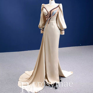 Champagne Satin Evening Dress Fit Flare Long Sleeve Party Formal Dress