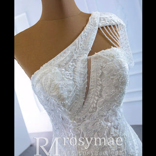 Vintage One Shoulder Cap Sleeve Lace Mermaid Wedding Dress