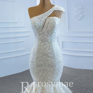 Vintage One Shoulder Cap Sleeve Lace Mermaid Wedding Dress