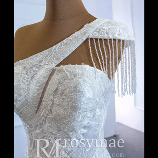 Vintage One Shoulder Cap Sleeve Lace Mermaid Wedding Dress