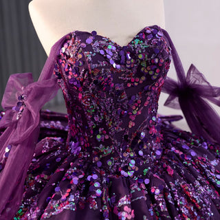 Sparkly Sequin Purple Wedding Dress with Off Shoulder Quinceanera Gown