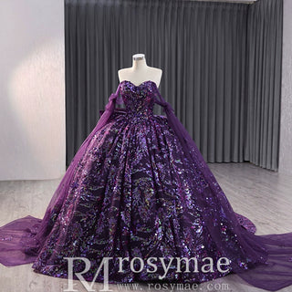 Sparkly Sequin Purple Wedding Dress with Off Shoulder Quinceanera Gown