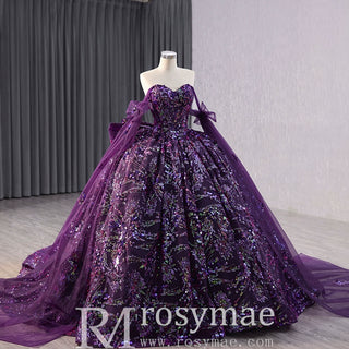 Sparkly Sequin Purple Wedding Dress with Off Shoulder Quinceanera Gown