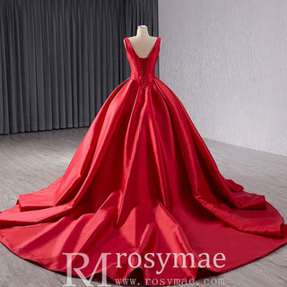 Ball Gown Satin Red Wedding Dress Formal Prom Gown with Double V