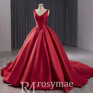 Ball Gown Satin Red Wedding Dress Formal Prom Gown with Double V