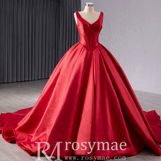 Ball Gown Satin Red Wedding Dress Formal Prom Gown with Double V