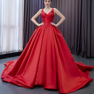 Ball Gown Satin Red Wedding Dress Formal Prom Gown with Double V