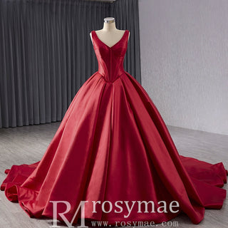 Ball Gown Satin Red Wedding Dress Formal Prom Gown with Double V