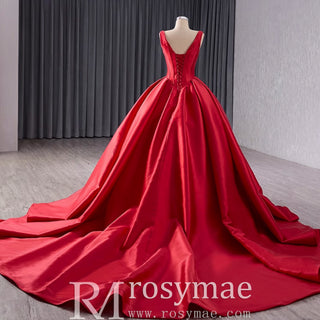 Ball Gown Satin Red Wedding Dress Formal Prom Gown with Double V