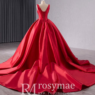 Ball Gown Satin Red Wedding Dress Formal Prom Gown with Double V