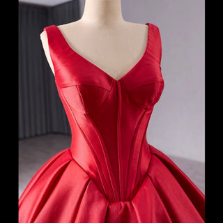 Ball Gown Satin Red Wedding Dress Formal Prom Gown with Double V