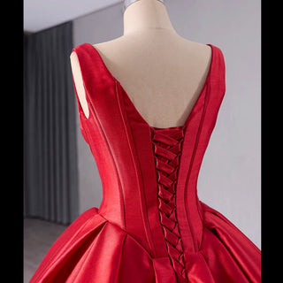 Ball Gown Satin Red Wedding Dress Formal Prom Gown with Double V