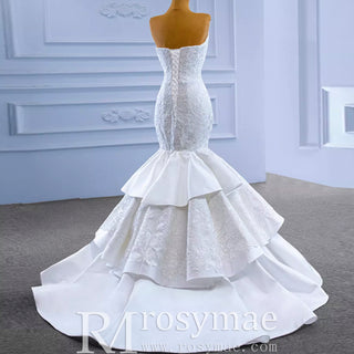 High-end Trumpet Wedding Dress Strapless Lace Appliqued Wedding Gown