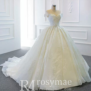 Off the Shoulder Puffy Ball Gown Wedding Dress with Ruch