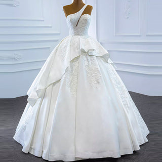 One Shoulder Ball Gown Wedding Dress Lace Appliqued Satin Bridal Gown