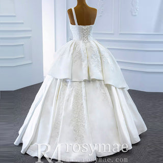 One Shoulder Ball Gown Wedding Dress Lace Appliqued Satin Bridal Gown