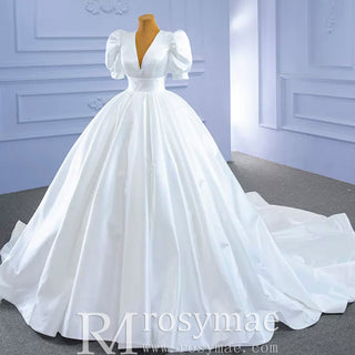 Modest Ball Gown Half Puff Sleeve Satin Wedding Dress with Vneck