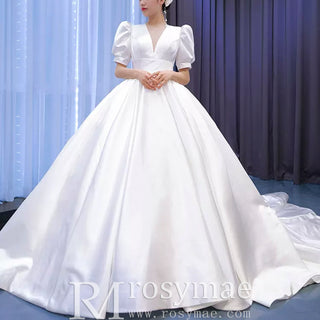 Modest Ball Gown Half Puff Sleeve Satin Wedding Dress with Vneck