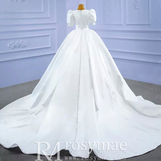 Modest Ball Gown Half Puff Sleeve Satin Wedding Dress with Vneck