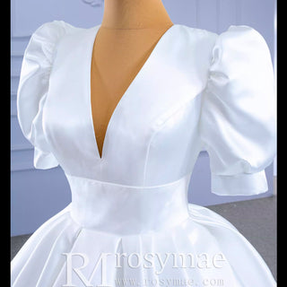 Modest Ball Gown Half Puff Sleeve Satin Wedding Dress with Vneck