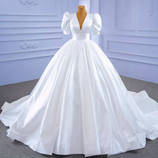 Modest Ball Gown Half Puff Sleeve Satin Wedding Dress with Vneck