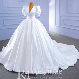 Modest Ball Gown Half Puff Sleeve Satin Wedding Dress with Vneck