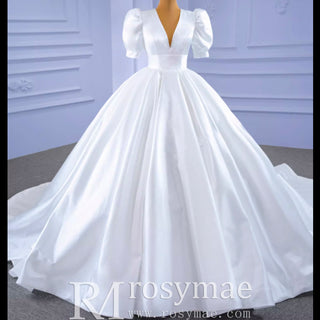 Modest Ball Gown Half Puff Sleeve Satin Wedding Dress with Vneck