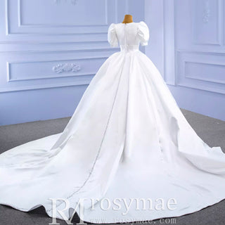 Modest Ball Gown Half Puff Sleeve Satin Wedding Dress with Vneck