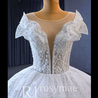 Robe de mariée jupe bouffante, robe de bal haut de gamme, avec encolure dégagée transparente