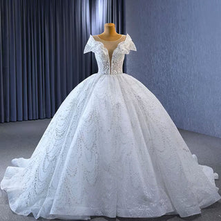 High-end Ball Gown Puffy Skirt Wedding Dress with Sheer Scoop Neck