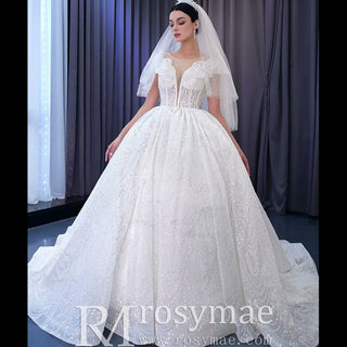 High-end Ball Gown Puffy Skirt Wedding Dress with Sheer Scoop Neck