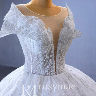 High-end Ball Gown Puffy Skirt Wedding Dress with Sheer Scoop Neck