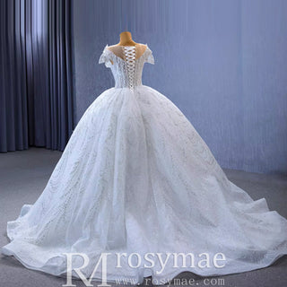 High-end Ball Gown Puffy Skirt Wedding Dress with Sheer Scoop Neck