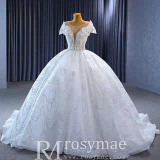 High-end Ball Gown Puffy Skirt Wedding Dress with Sheer Scoop Neck