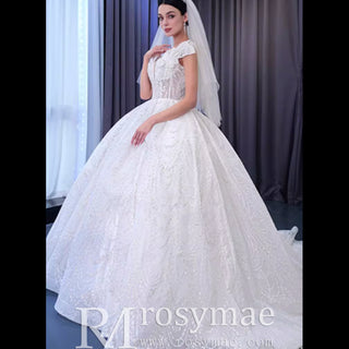 High-end Ball Gown Puffy Skirt Wedding Dress with Sheer Scoop Neck