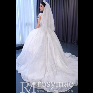 High-end Ball Gown Puffy Skirt Wedding Dress with Sheer Scoop Neck