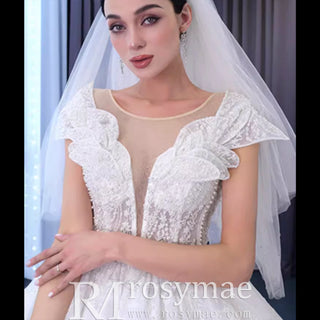 Robe de mariée jupe bouffante, robe de bal haut de gamme, avec encolure dégagée transparente