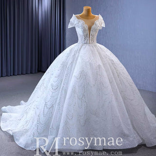 High-end Ball Gown Puffy Skirt Wedding Dress with Sheer Scoop Neck