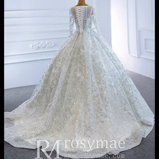 Fully Beaded Scoop Ball Gown Wedding Dress Long Sleeve Bridal Gown