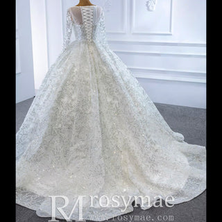 Fully Beaded Scoop Ball Gown Wedding Dress Long Sleeve Bridal Gown