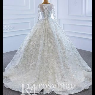 Fully Beaded Scoop Ball Gown Wedding Dress Long Sleeve Bridal Gown