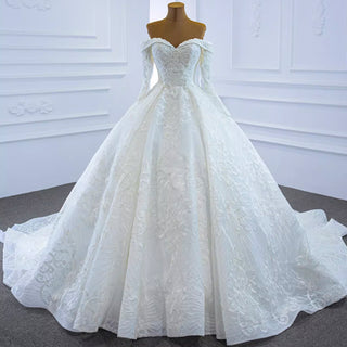 Ball Gown Lace Wedding Dress with Off Shoulder Long Sleeve Bridal Gown