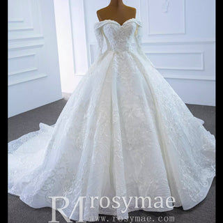 Ball Gown Lace Wedding Dress with Off Shoulder Long Sleeve Bridal Gown