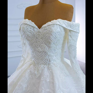 Ball Gown Lace Wedding Dress with Off Shoulder Long Sleeve Bridal Gown