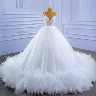 Luxury Beaded Tulle Ball Gown Wedding Dress with Spaghetti Straps