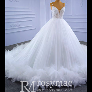 Luxury Beaded Tulle Ball Gown Wedding Dress with Spaghetti Straps