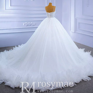 Luxury Beaded Tulle Ball Gown Wedding Dress with Spaghetti Straps